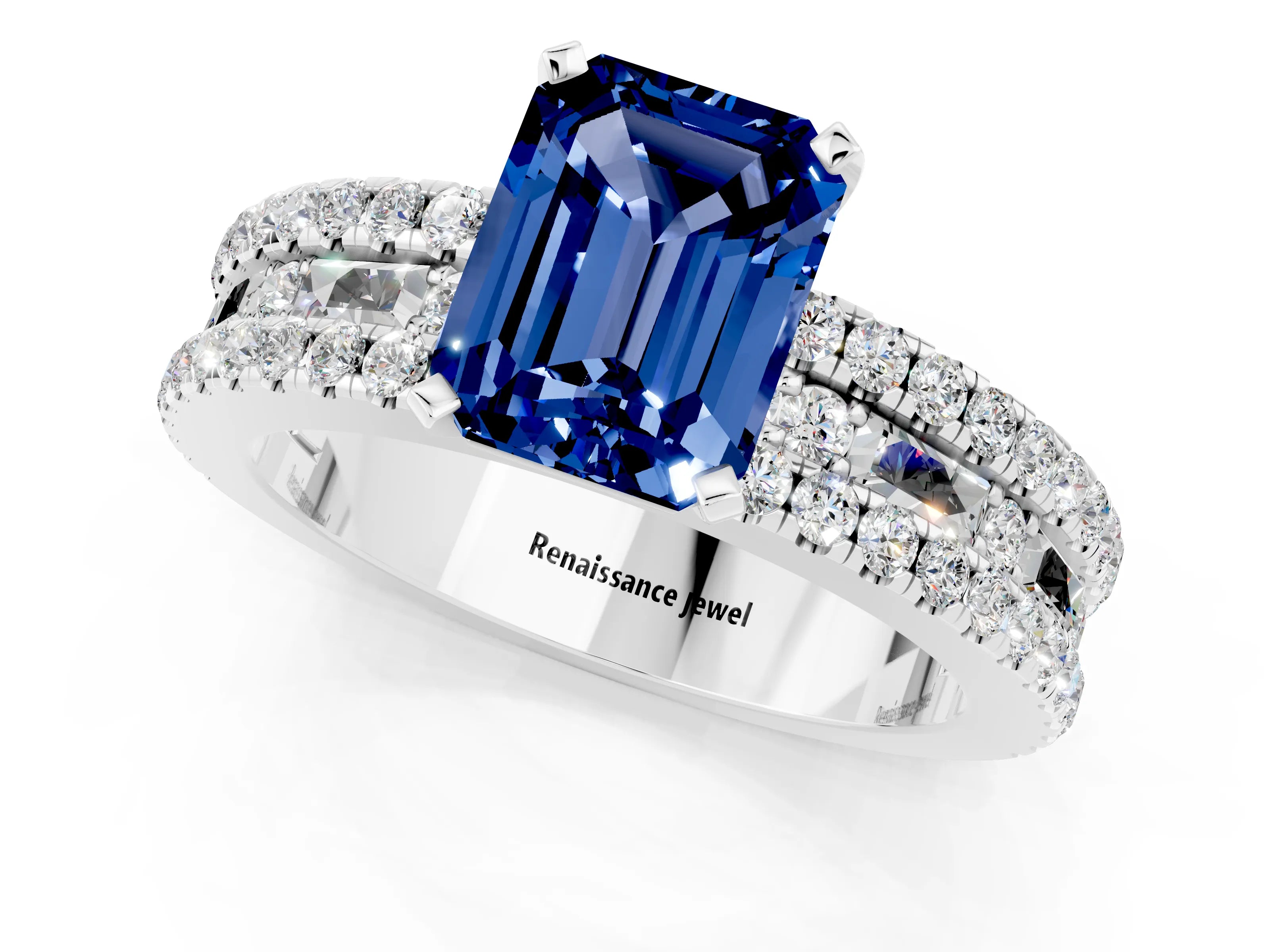 White gold Emerald Cut Blue Sapphire Solitaire Ring with Pavé and Channel Set Band_7