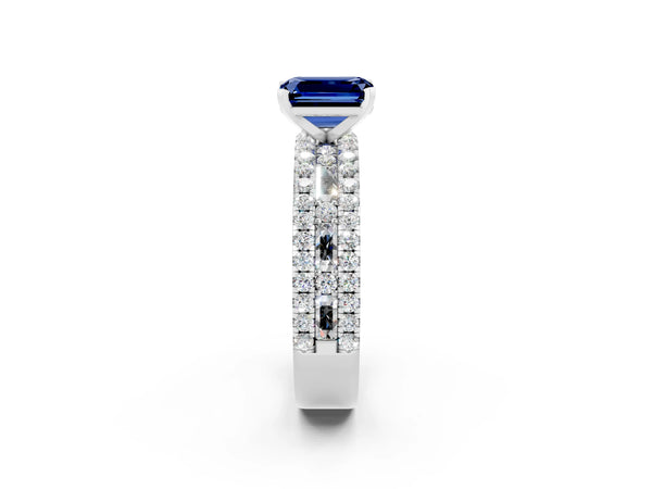 Silver Emerald Cut Blue Sapphire Solitaire Ring with Pavé and Channel Set Band