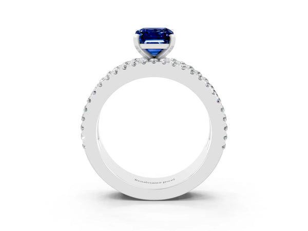 Silver Emerald Cut Blue Sapphire Solitaire Ring with Pavé and Channel Set Band