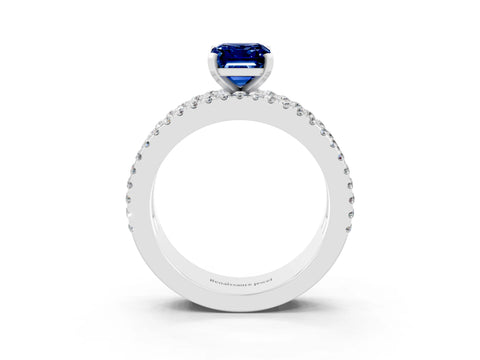 White gold Emerald Cut Blue Sapphire Solitaire Ring with Pavé and Channel Set Band_9
