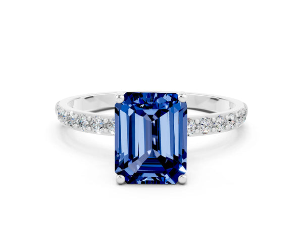 White gold Emerald Cut Blue Sapphire Solitaire Ring with Round  Pavé Band and Prong Setting