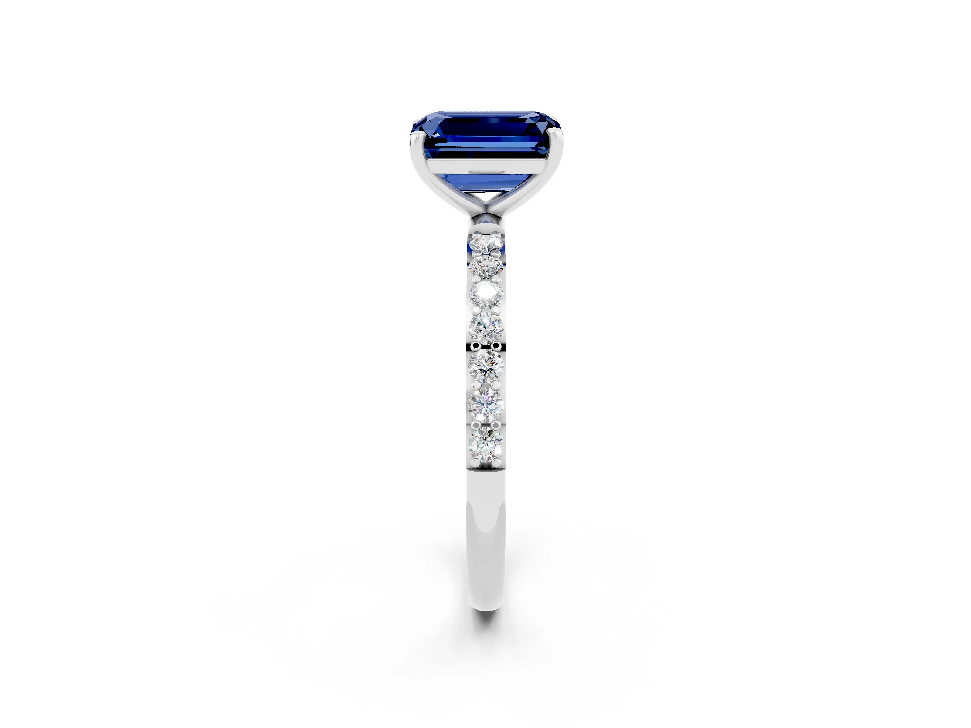 White gold Emerald Cut Blue Sapphire Solitaire Ring with Pave Band and Four Prong Setting_26
