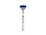 White gold Emerald Cut Blue Sapphire Solitaire Ring with Pave Band and Four Prong Setting_26