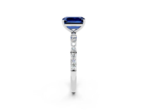 White gold Emerald Cut Blue Sapphire Solitaire Ring with Pave Band and Four Prong Setting_26