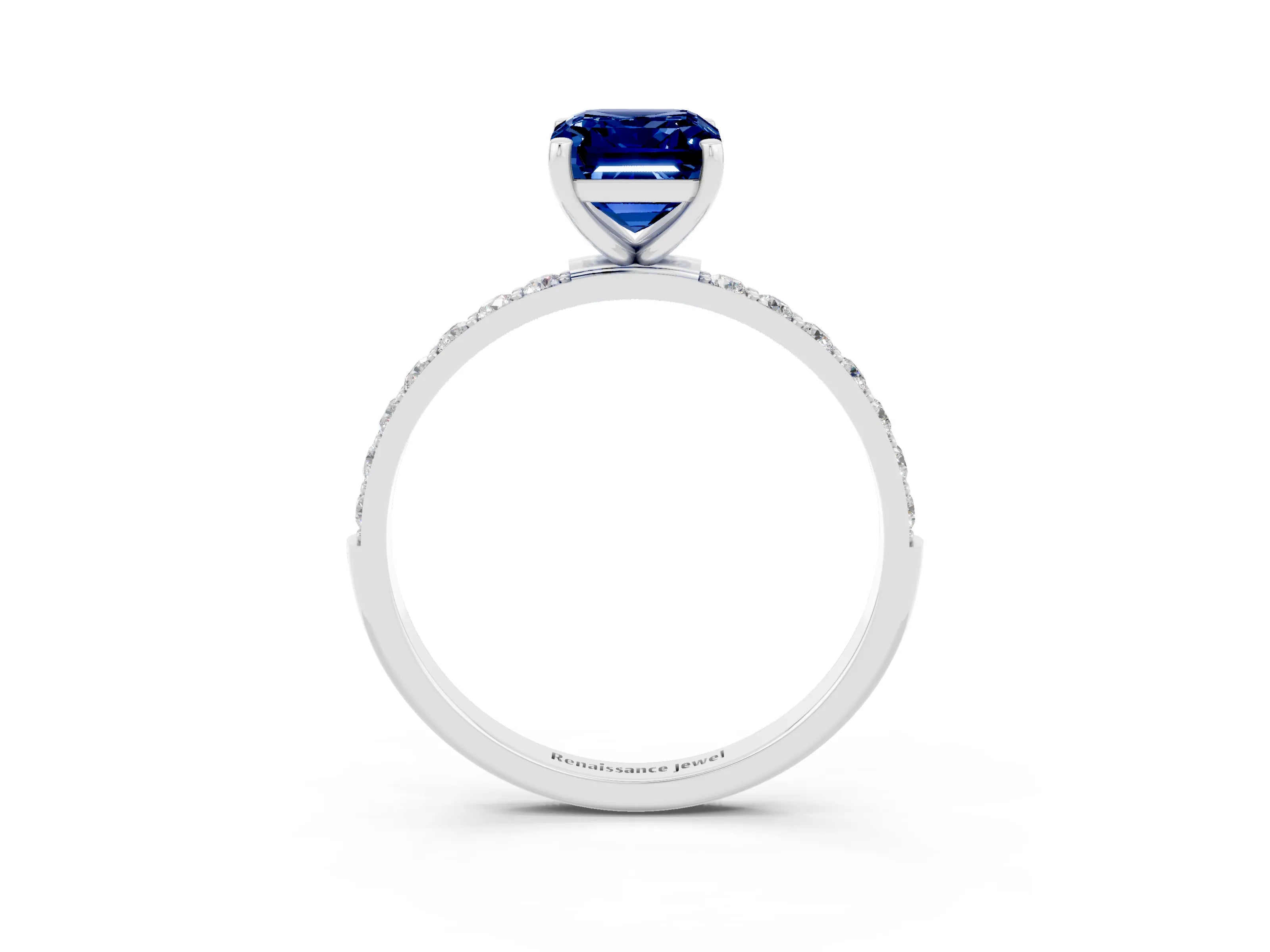 White gold Emerald Cut Blue Sapphire Solitaire Ring with Pave Band and Four Prong Setting_27