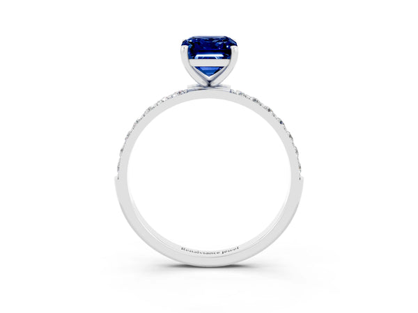 Platinum Emerald Cut Blue Sapphire Solitaire Ring with Round  Pavé Band and Prong Setting