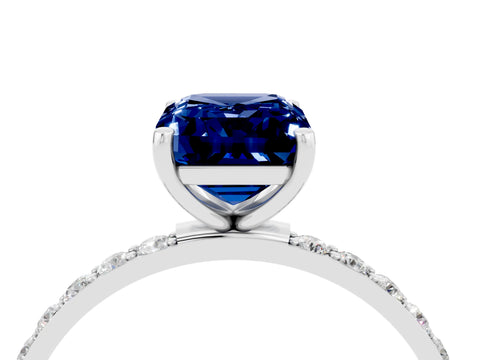 White gold Emerald Cut Blue Sapphire Solitaire Ring with Pave Band and Four Prong Setting_28