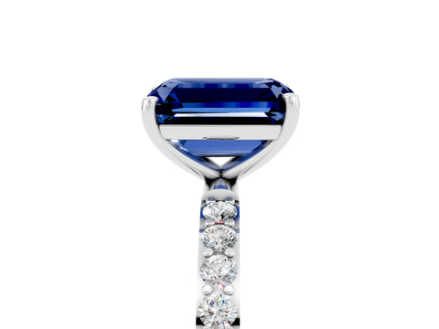 White gold Emerald Cut Blue Sapphire Solitaire Ring with Pave Band and Four Prong Setting_29