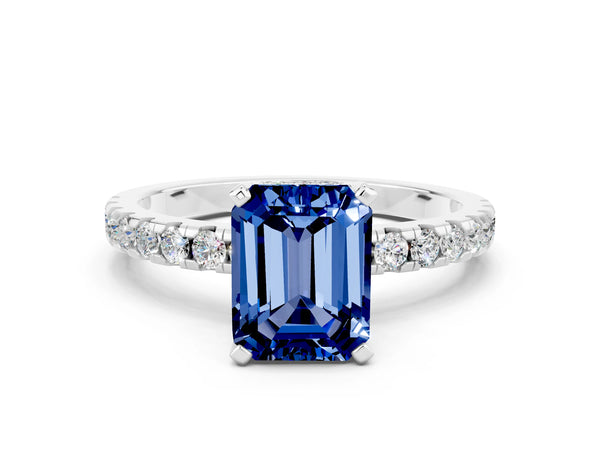 White gold Emerald Cut Blue Sapphire Solitaire Ring with Round  Pavé Band and Four-Prong Setting
