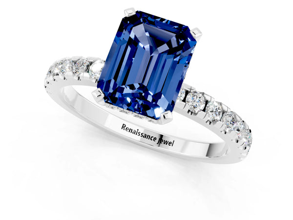 White gold Emerald Cut Blue Sapphire Solitaire Ring with Round  Pavé Band and Four-Prong Setting