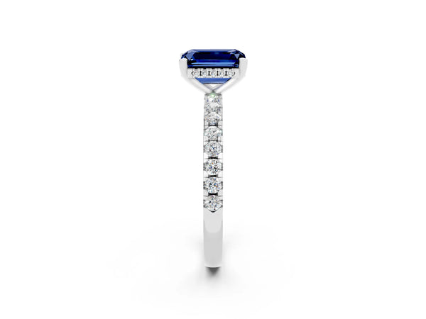 White gold Emerald Cut Blue Sapphire Solitaire Ring with Round  Pavé Band and Four-Prong Setting
