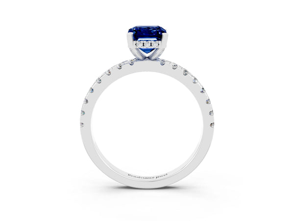 White gold Emerald Cut Blue Sapphire Solitaire Ring with Round  Pavé Band and Four-Prong Setting