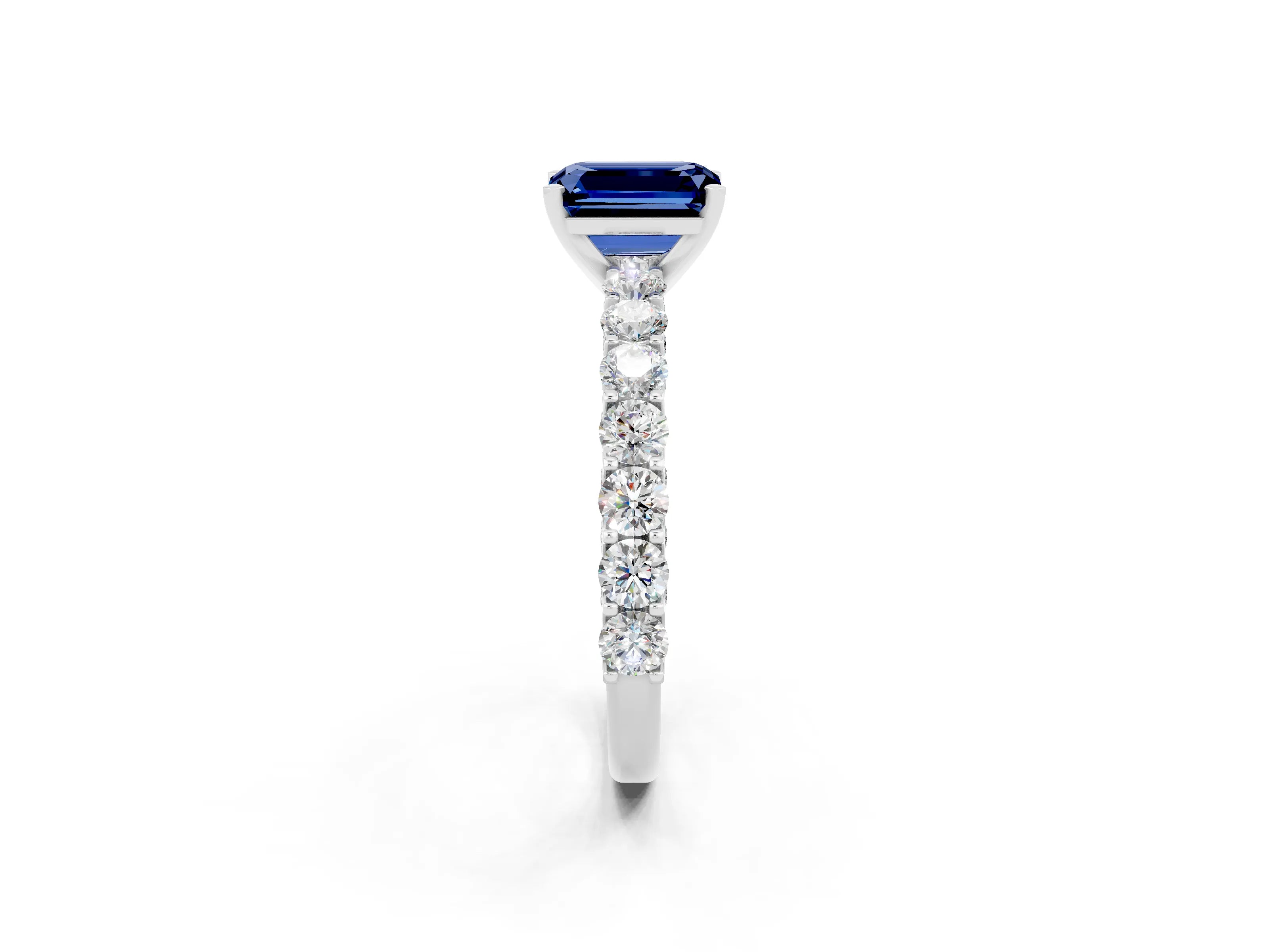 White gold Emerald Cut Blue Sapphire Solitaire Ring with Shared Prong Pavé Band and Four-Prong Setting_2