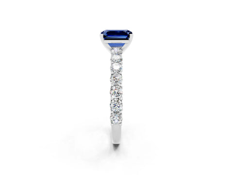 White gold Emerald Cut Blue Sapphire Solitaire Ring with Shared Prong Pavé Band and Four-Prong Setting_2
