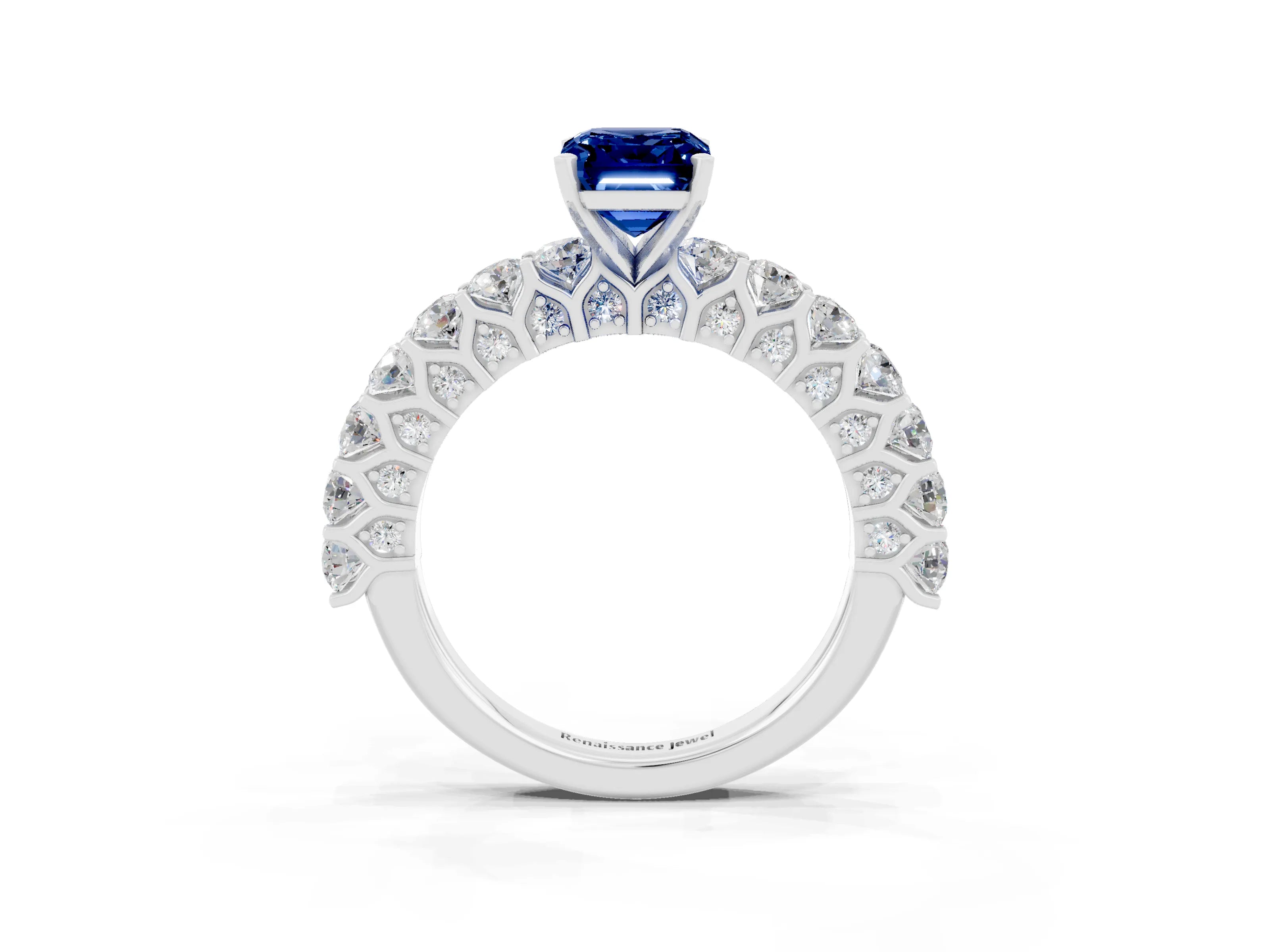White gold Emerald Cut Blue Sapphire Solitaire Ring with Shared Prong Pavé Band and Four-Prong Setting_3