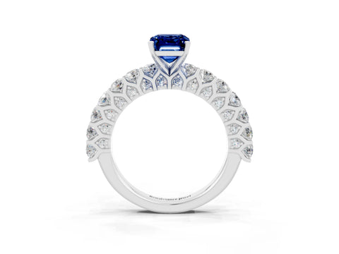 White gold Emerald Cut Blue Sapphire Solitaire Ring with Shared Prong Pavé Band and Four-Prong Setting_3