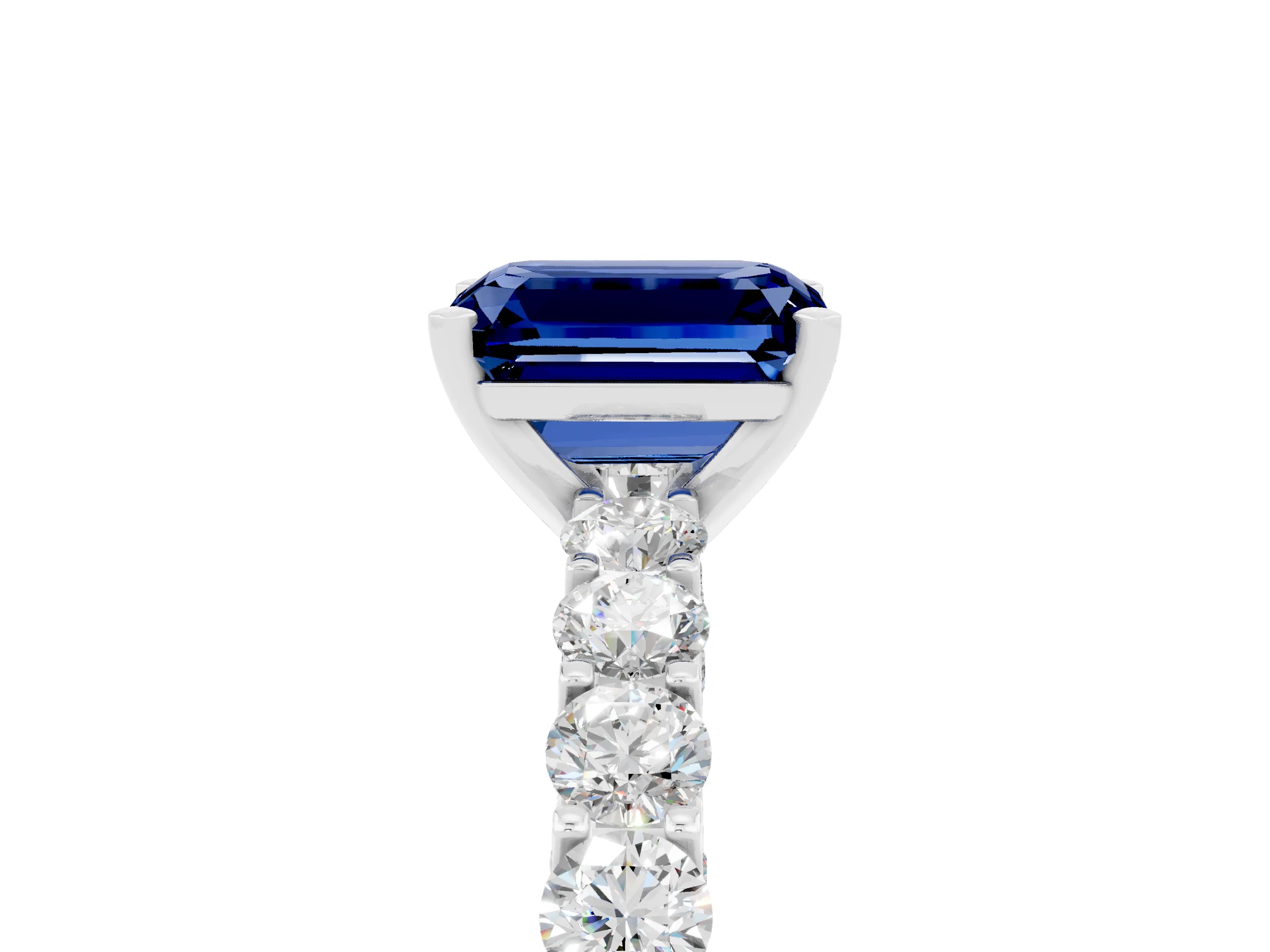 White gold Emerald Cut Blue Sapphire Solitaire Ring with Shared Prong Pavé Band and Four-Prong Setting_5