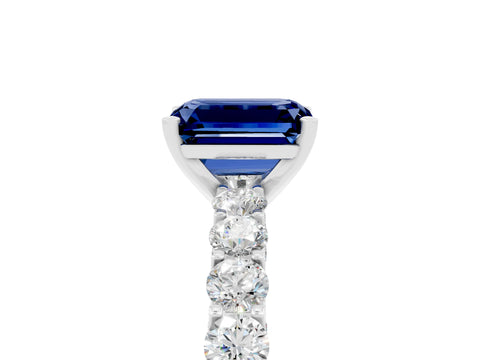 White gold Emerald Cut Blue Sapphire Solitaire Ring with Shared Prong Pavé Band and Four-Prong Setting_5
