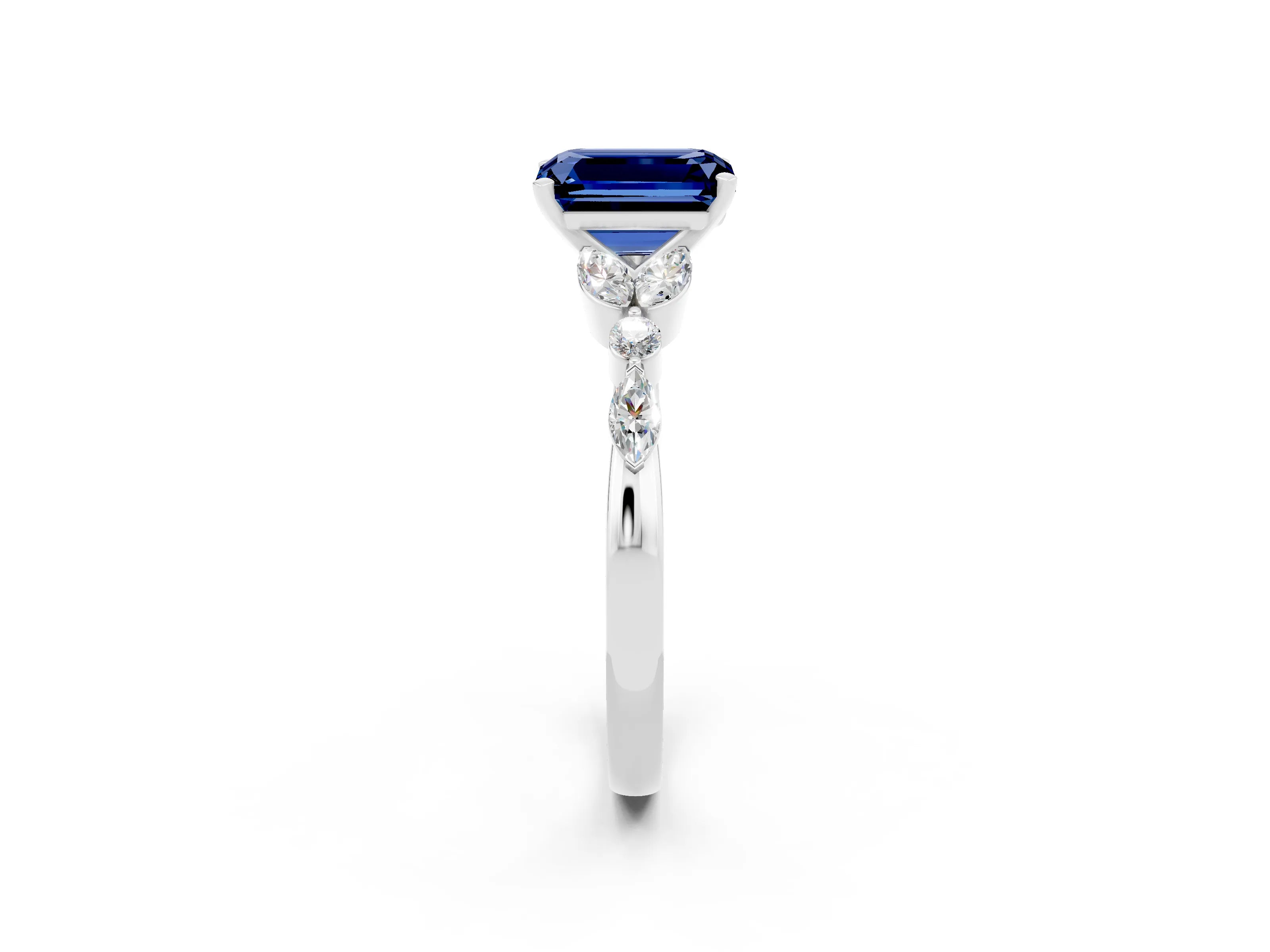White gold Emerald Cut Blue Sapphire Solitaire Ring with Side Stones and Four-Prong Setting_14