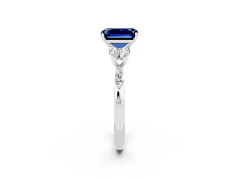 White gold Emerald Cut Blue Sapphire Solitaire Ring with Side Stones and Four-Prong Setting_14