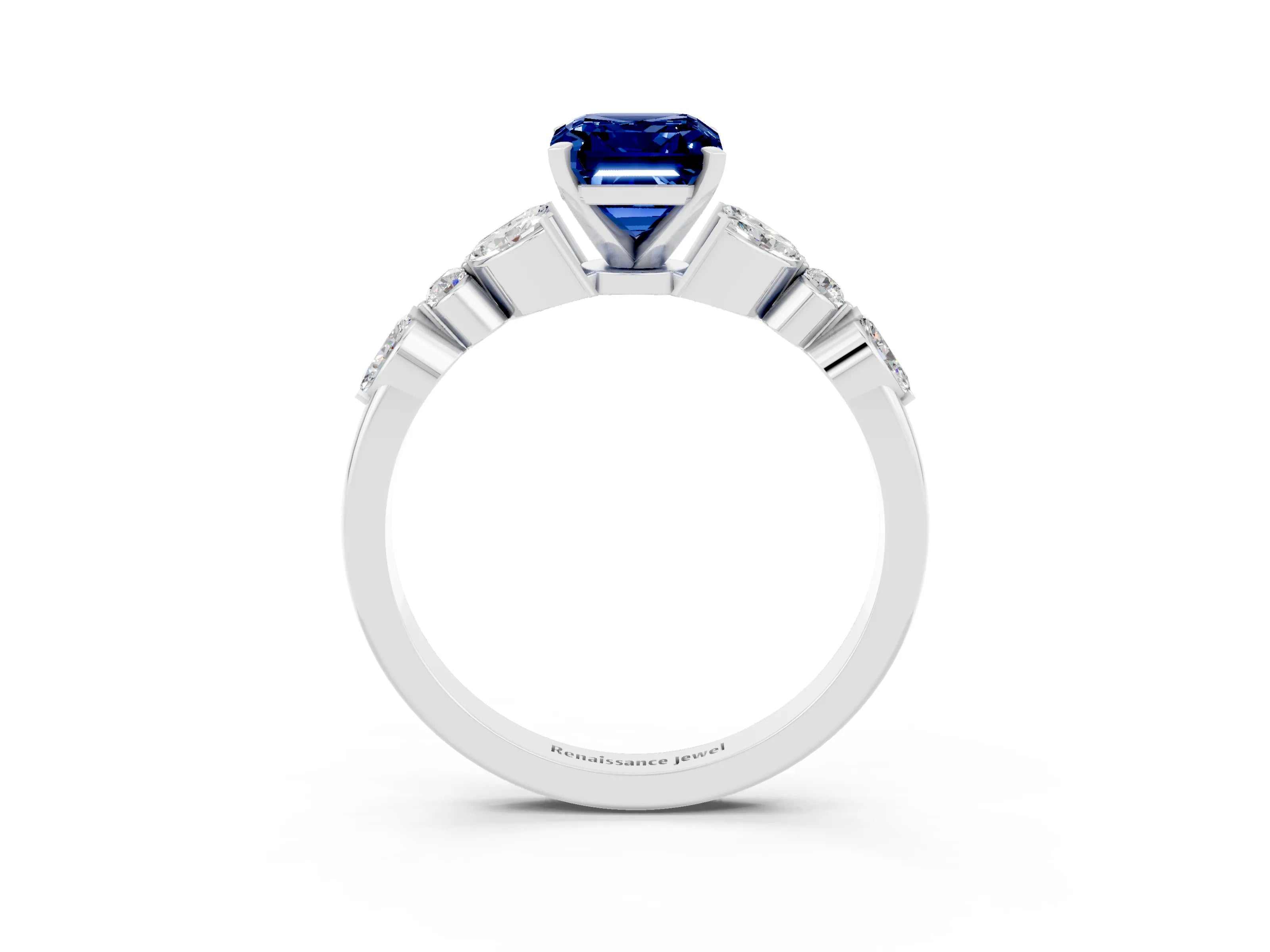 White gold Emerald Cut Blue Sapphire Solitaire Ring with Side Stones and Four-Prong Setting_15