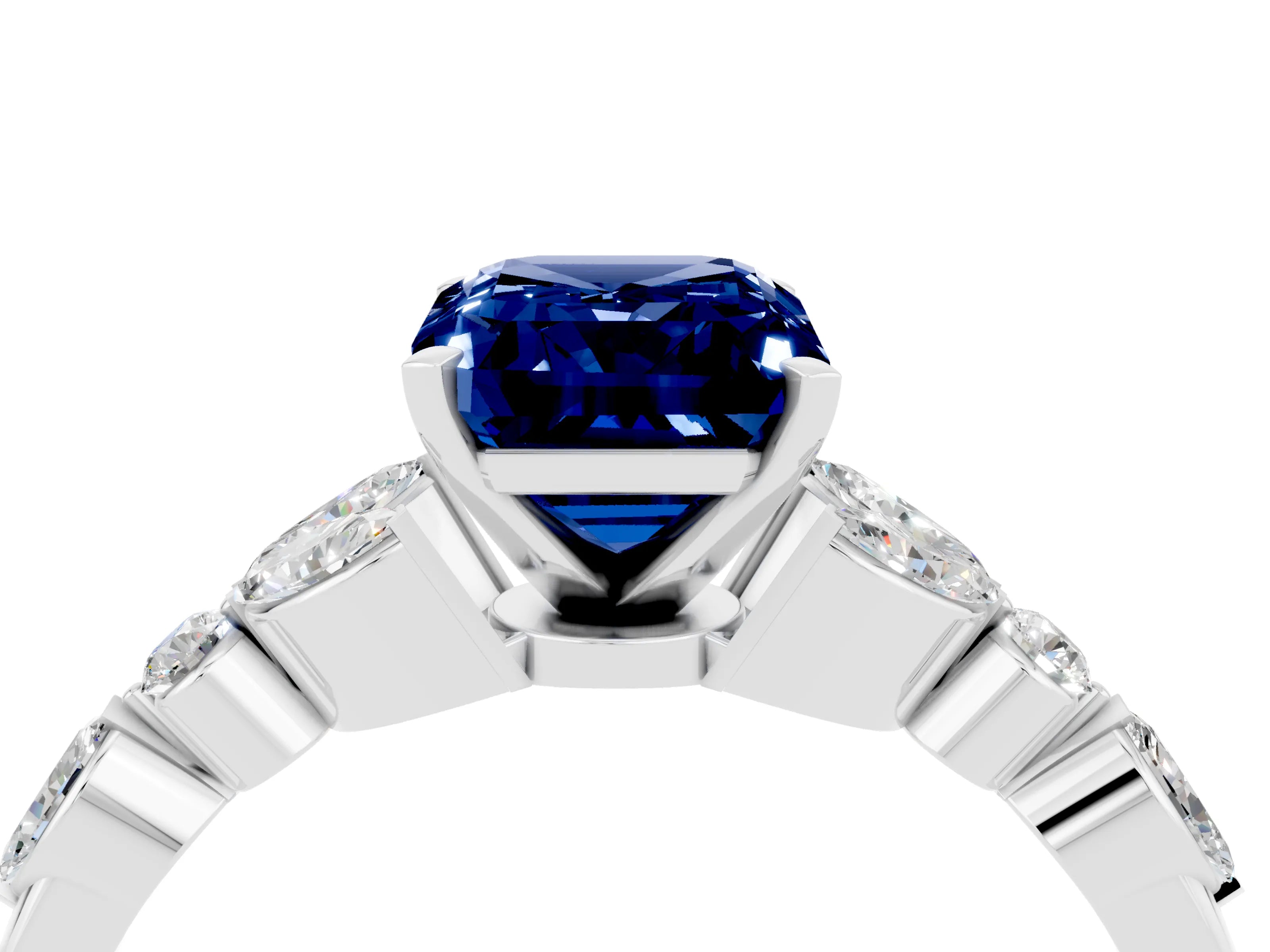 White gold Emerald Cut Blue Sapphire Solitaire Ring with Side Stones and Four-Prong Setting_16