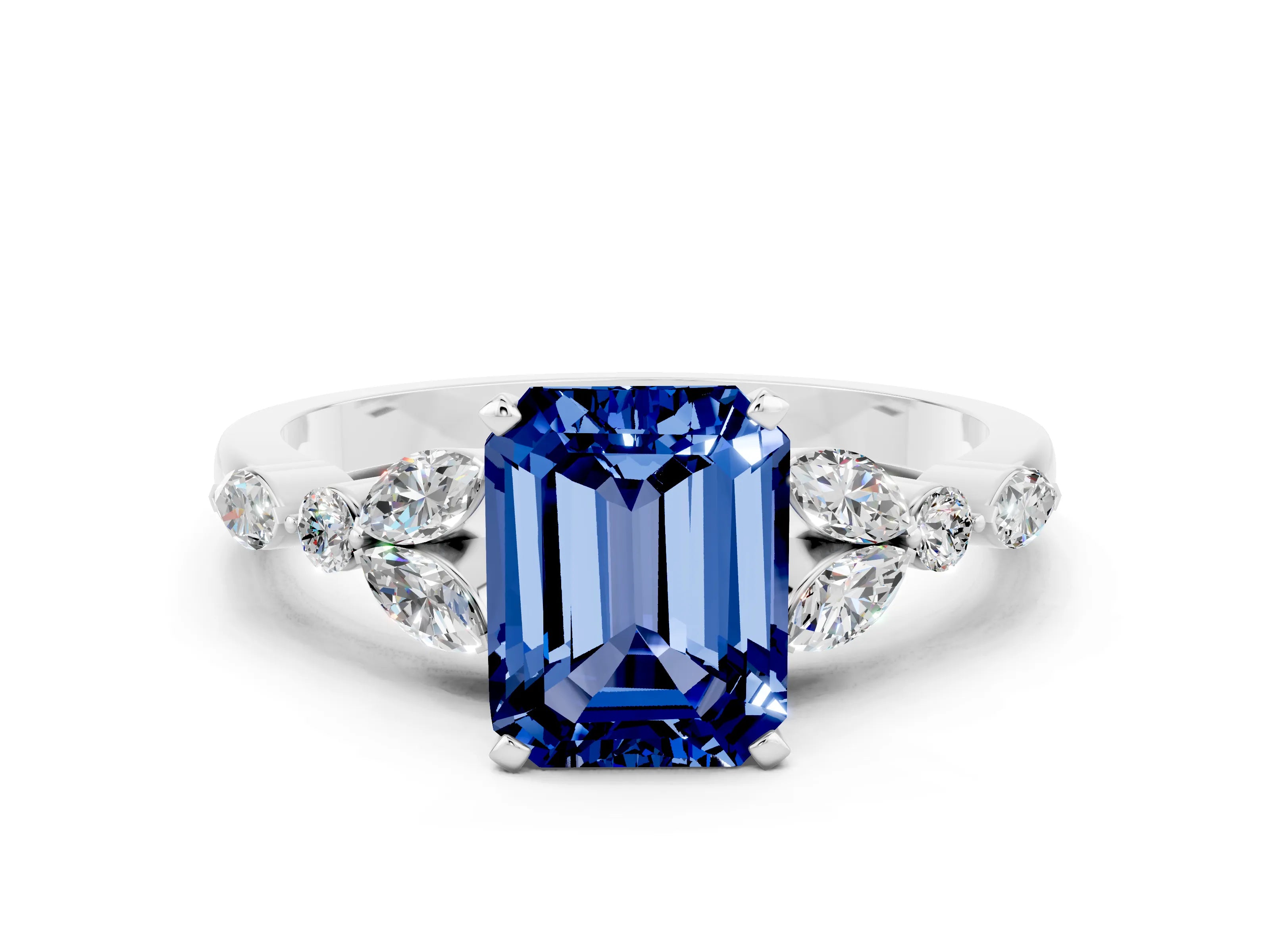 White gold Emerald Cut Blue Sapphire Solitaire Ring with Side Stones and Four-Prong Setting_24