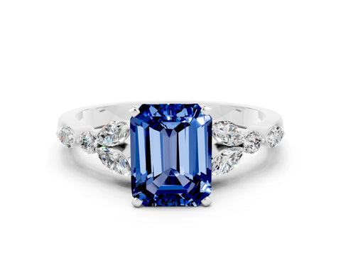 White gold Emerald Cut Blue Sapphire Solitaire Ring with Side Stones and Four-Prong Setting_24