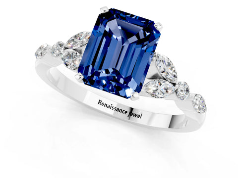 White gold Emerald Cut Blue Sapphire Solitaire Ring with Side Stones and Four-Prong Setting_25