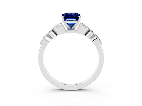 White gold Emerald Cut Blue Sapphire Solitaire Ring with Side Stones and Four-Prong Setting_27