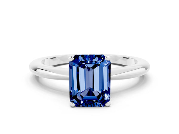 White gold Emerald Cut Blue Sapphire Solitaire Ring with Six-Prong Setting and Classic Band