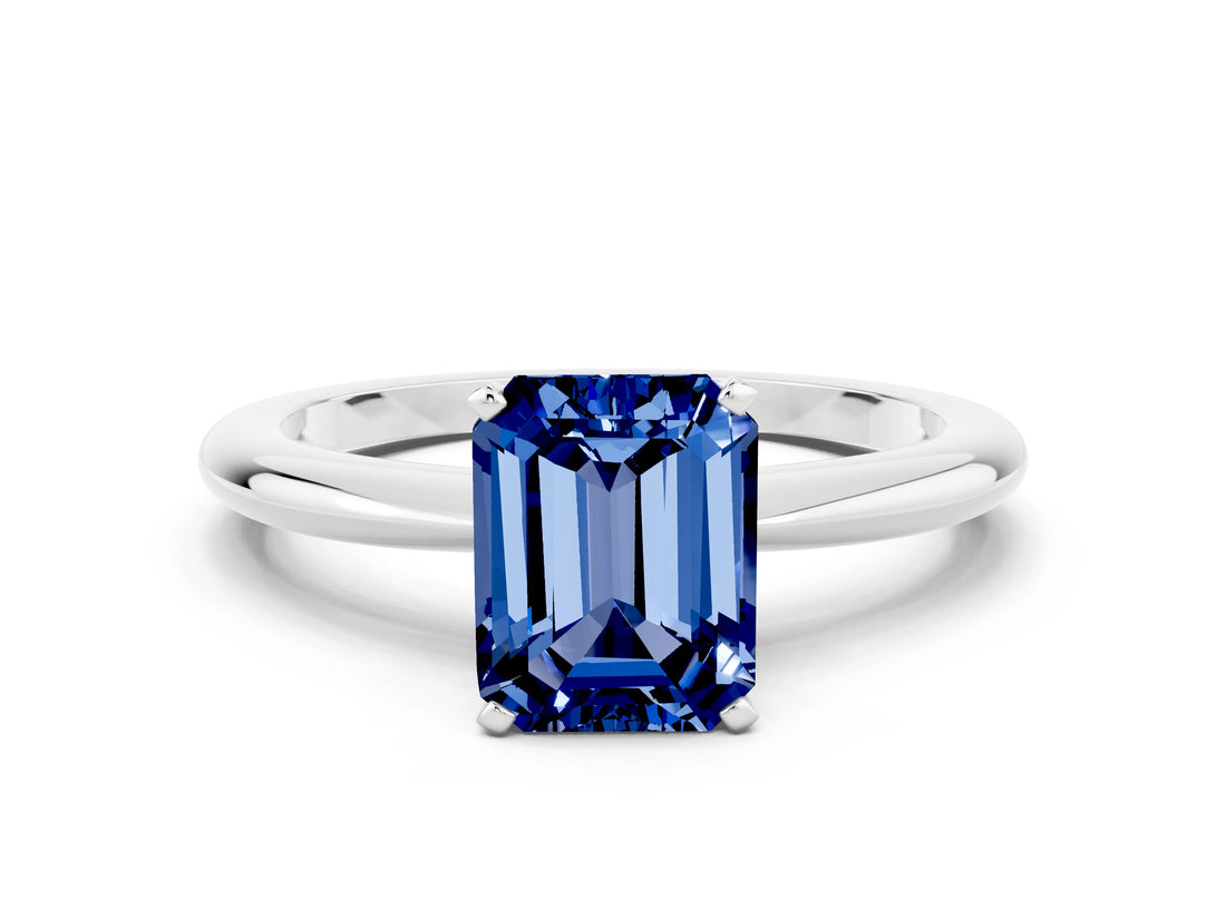 10K White Gold 1.96 Carat Emerald Blue Sapphire Solitaire Ring with Prong Setting and Classic Band