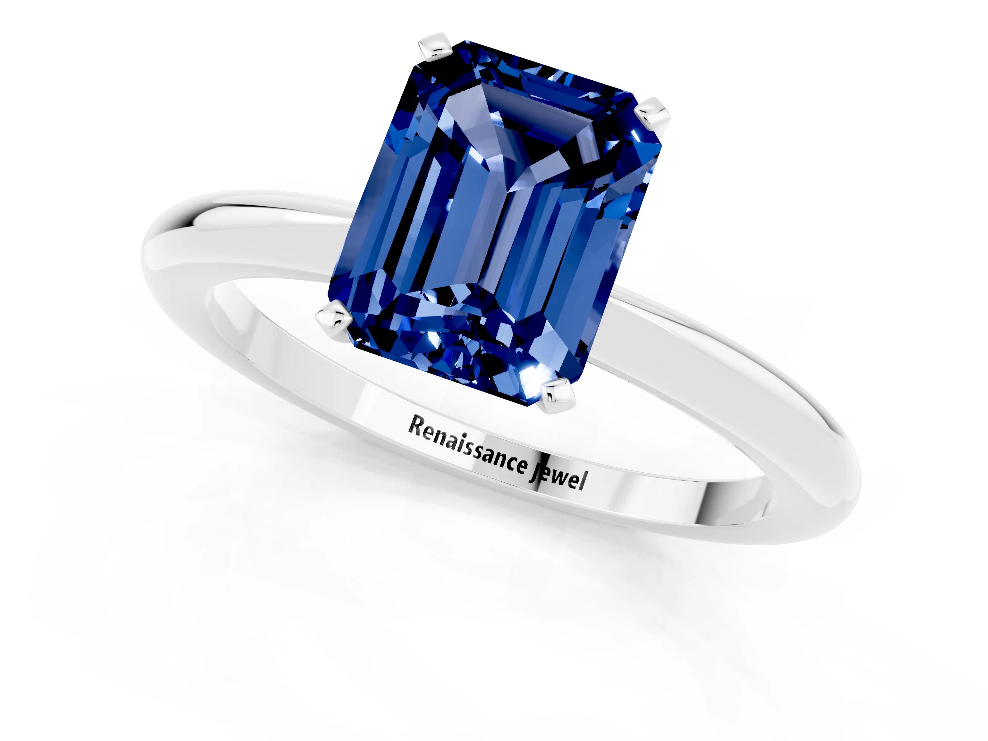 White gold Emerald Cut Blue Sapphire Solitaire Ring with Six-Prong Setting and Classic Band_13