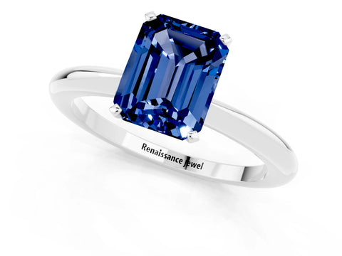 White gold Emerald Cut Blue Sapphire Solitaire Ring with Six-Prong Setting and Classic Band_1