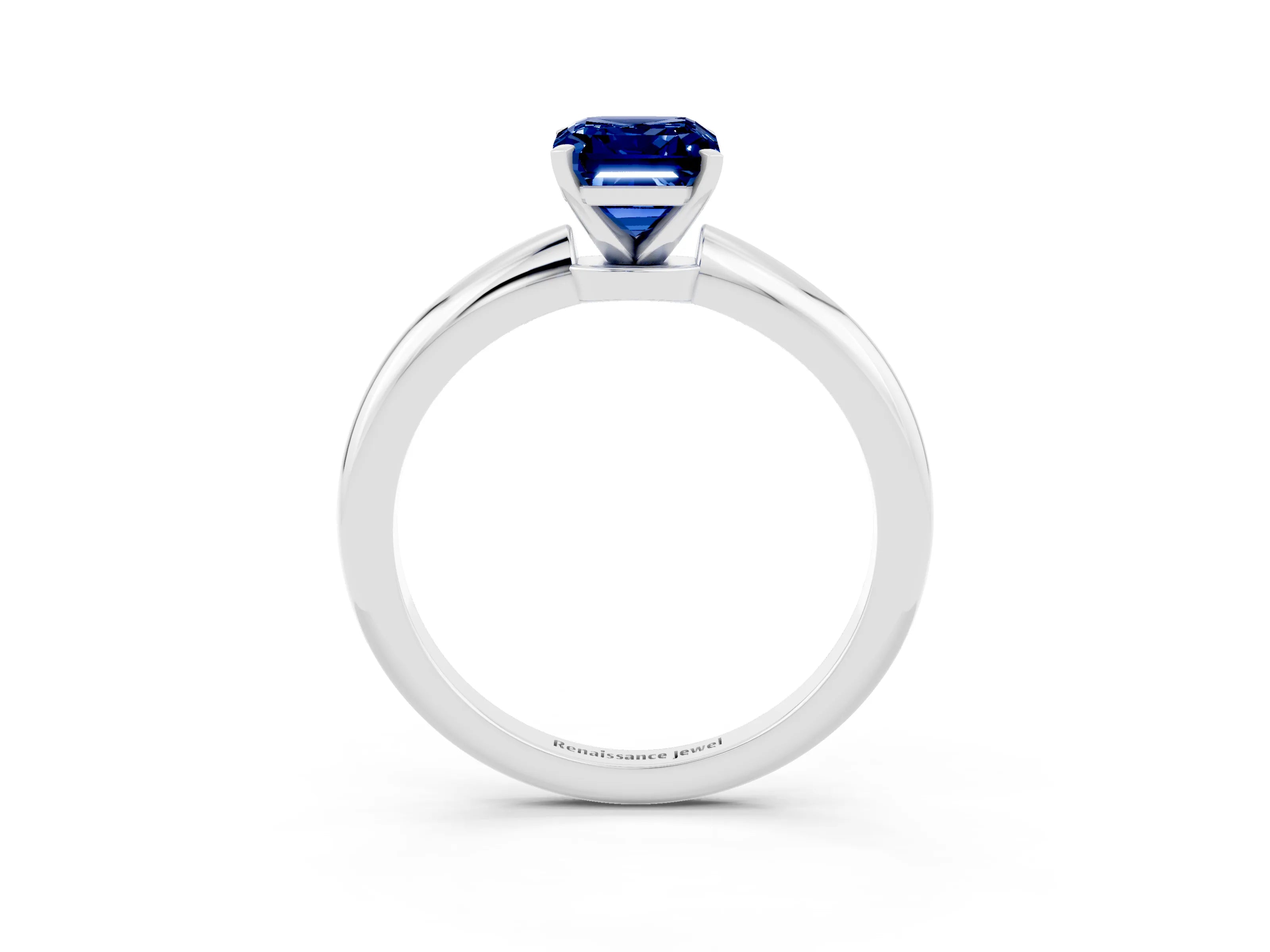 White gold Emerald Cut Blue Sapphire Solitaire Ring with Six-Prong Setting and Classic Band_3