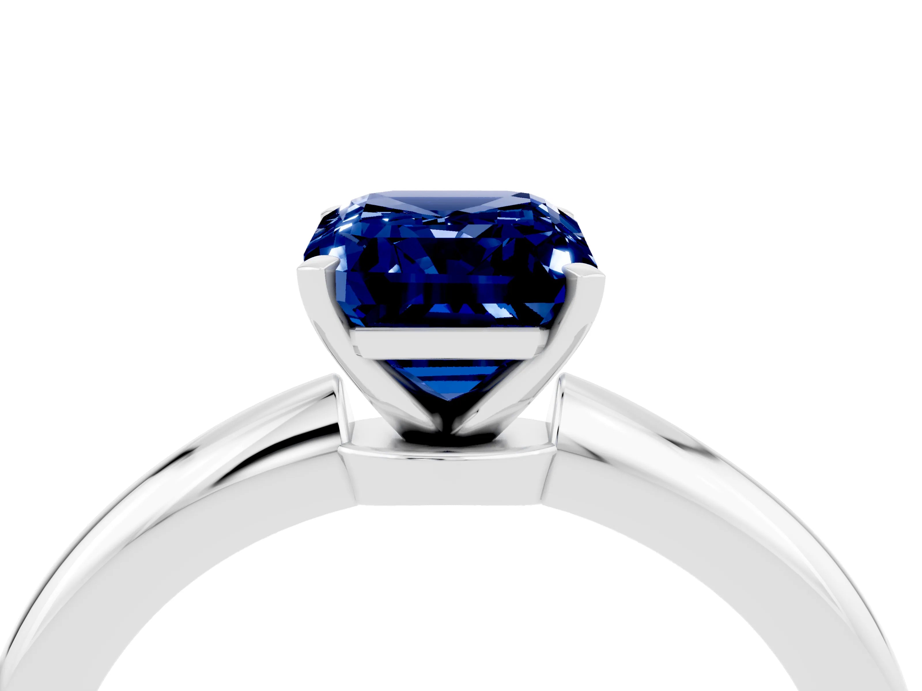 White gold Emerald Cut Blue Sapphire Solitaire Ring with Six-Prong Setting and Classic Band_4