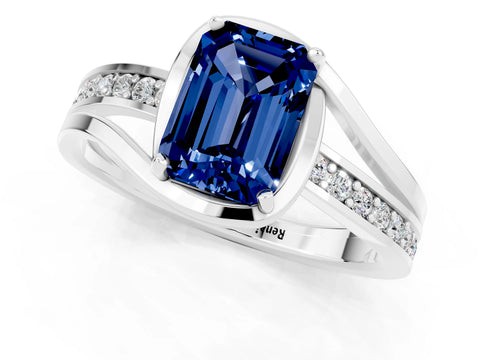 White gold Emerald Cut Blue Sapphire Solitaire Ring with Split Shank and Prong Setting_1