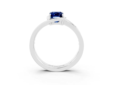 White gold Emerald Cut Blue Sapphire Solitaire Ring with Split Shank and Prong Setting_3