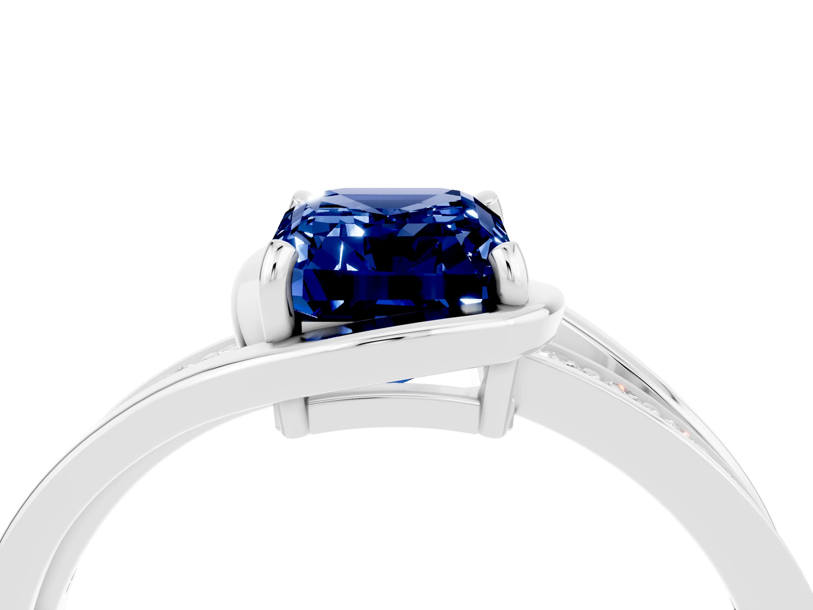 White gold Emerald Cut Blue Sapphire Solitaire Ring with Split Shank and Prong Setting_4