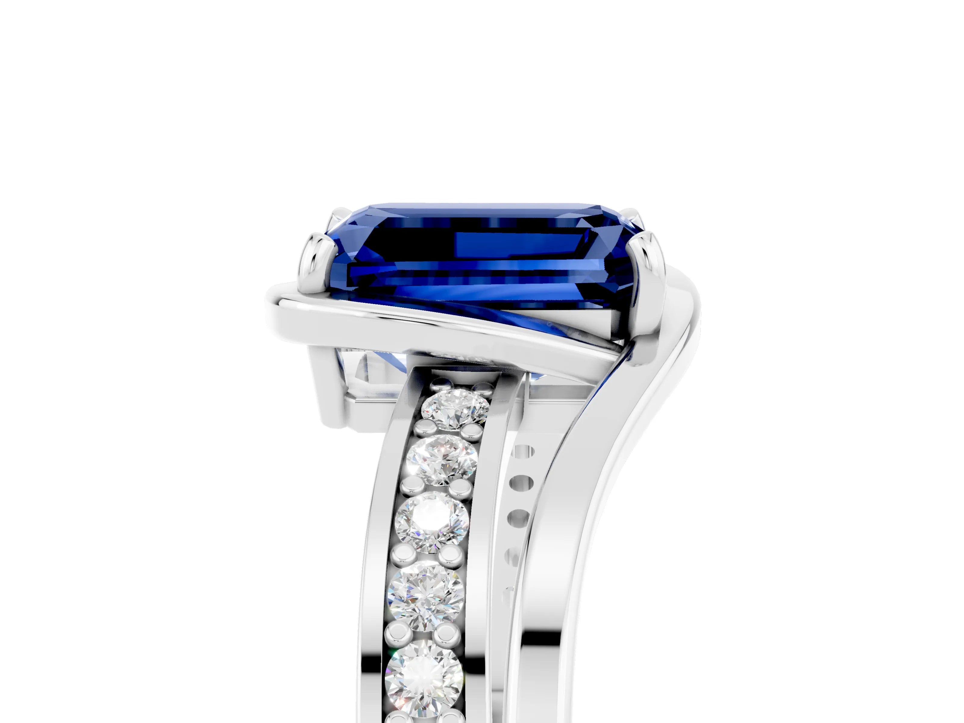 White gold Emerald Cut Blue Sapphire Solitaire Ring with Split Shank and Prong Setting_5