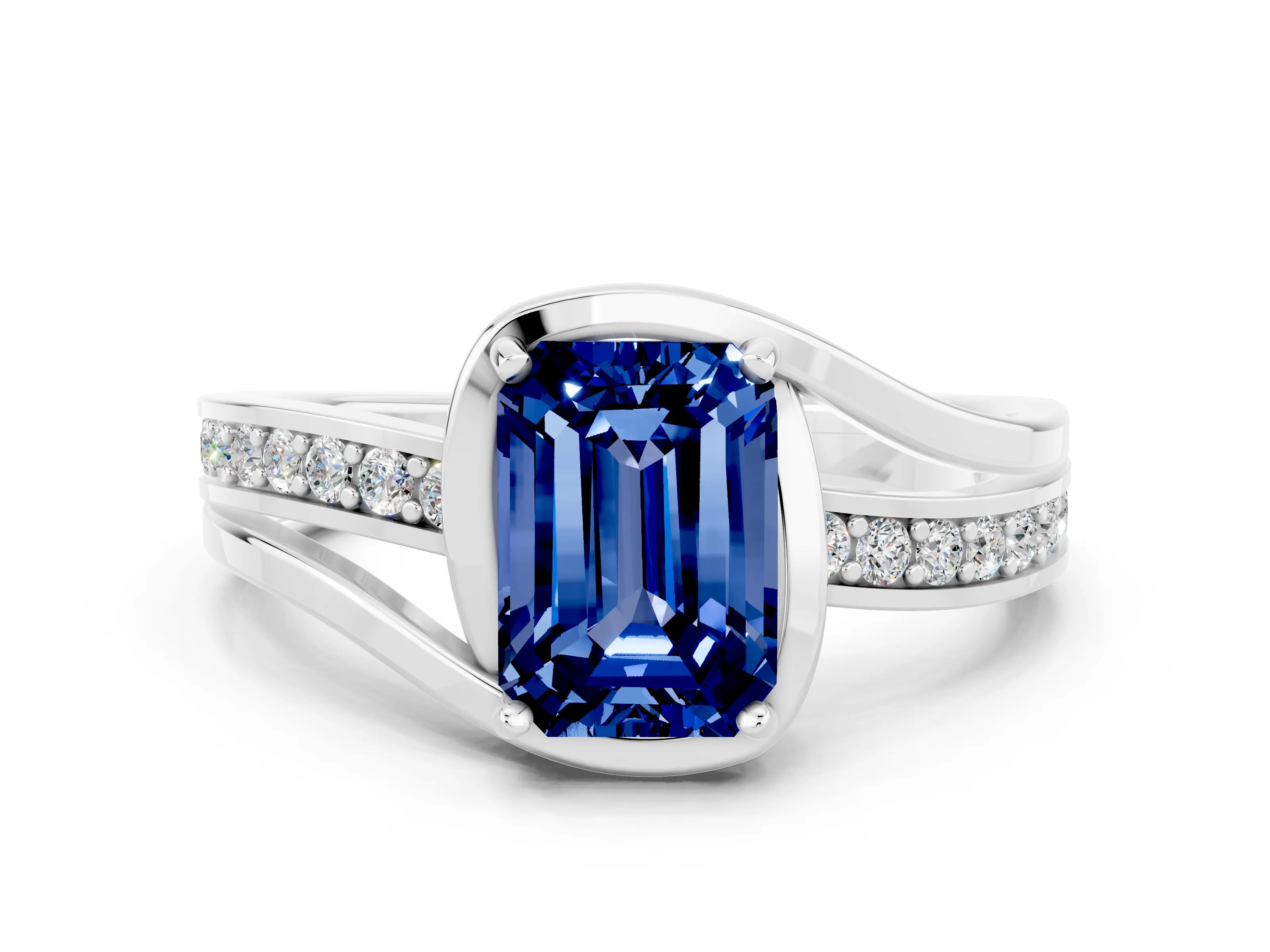White gold Emerald Cut Blue Sapphire Solitaire Ring with Split Shank and Prong Setting