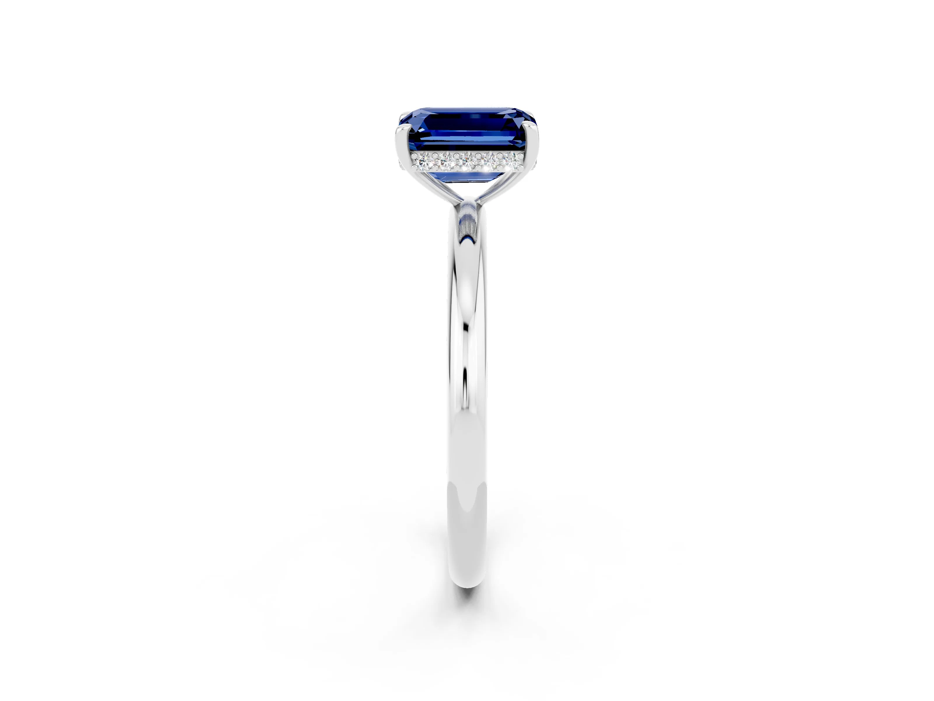 White gold Emerald Cut Blue Sapphire Solitaire Ring with Thin Band and Four-Prong Setting_14