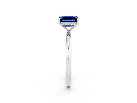 White gold Emerald Cut Blue Sapphire Solitaire Ring with Thin Band and Four-Prong Setting_14