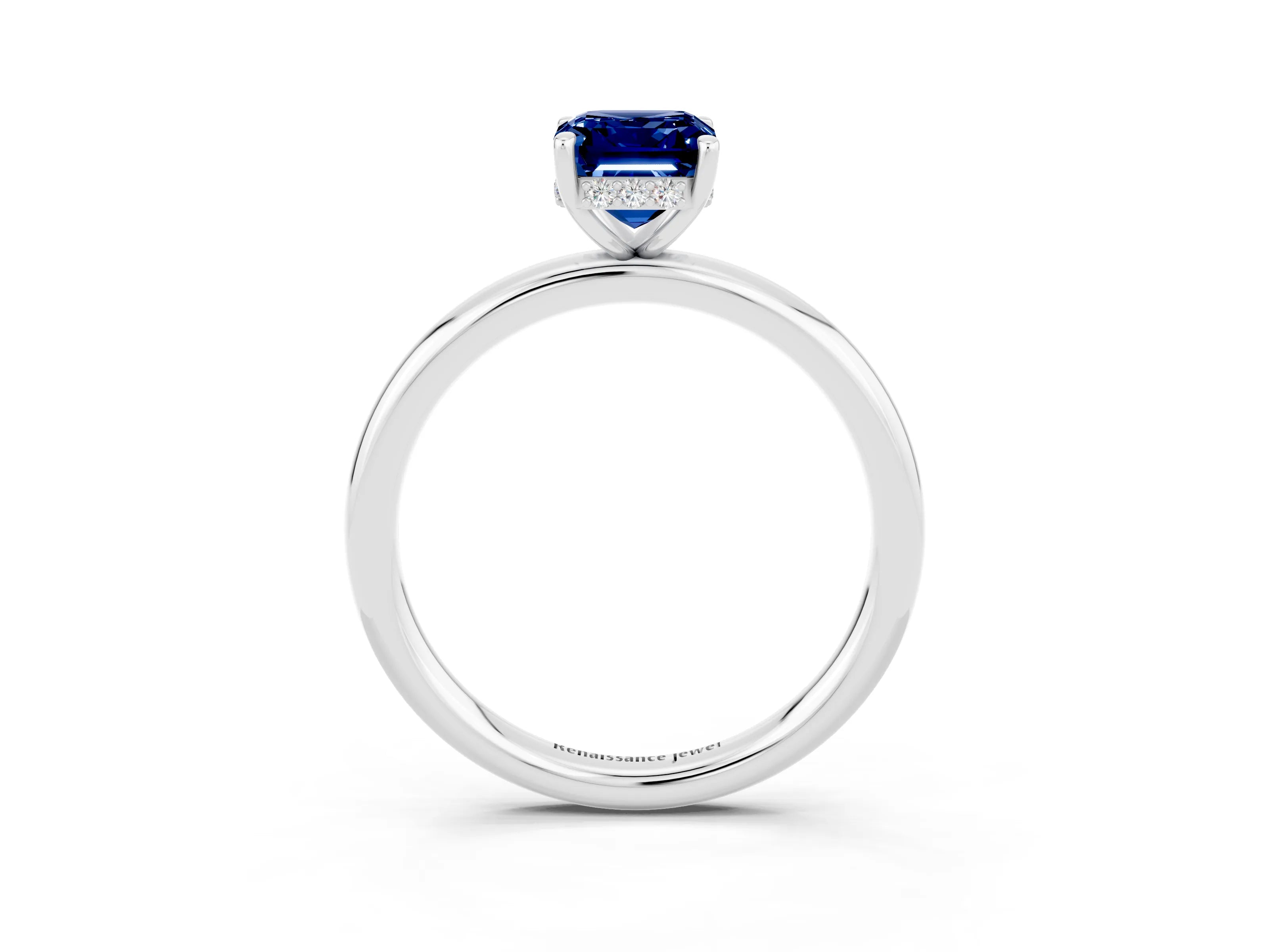 White gold Emerald Cut Blue Sapphire Solitaire Ring with Thin Band and Four-Prong Setting_15