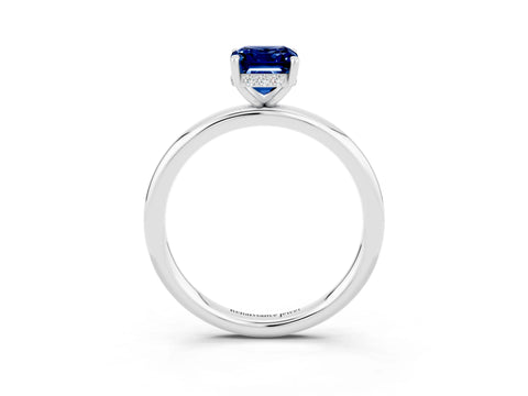 White gold Emerald Cut Blue Sapphire Solitaire Ring with Thin Band and Four-Prong Setting_15