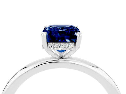 White gold Emerald Cut Blue Sapphire Solitaire Ring with Thin Band and Four-Prong Setting_16