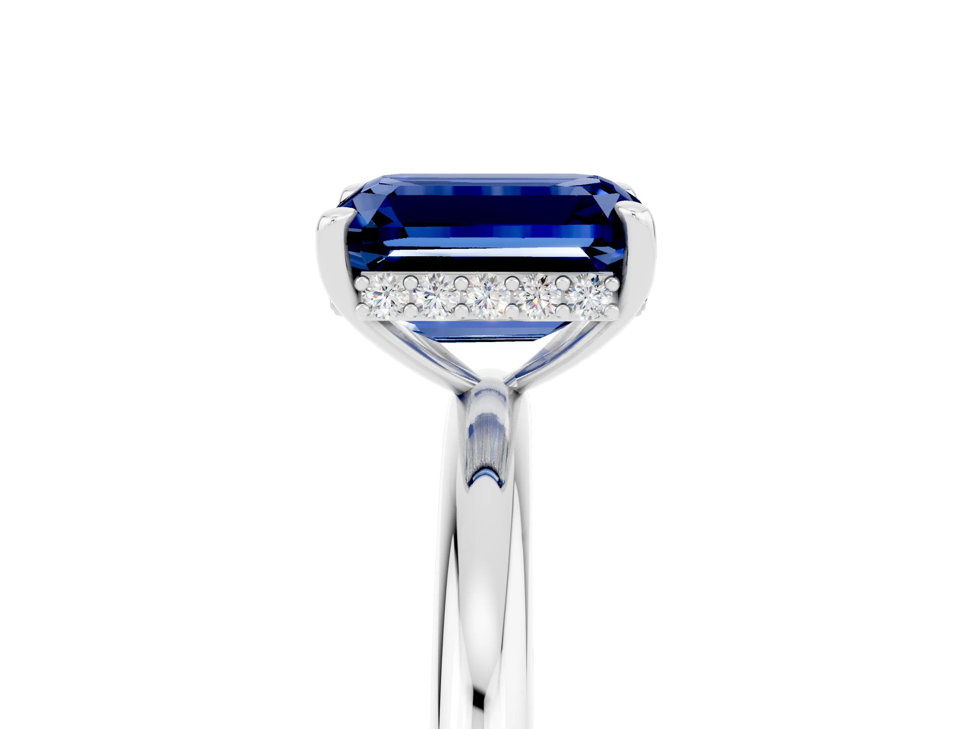 White gold Emerald Cut Blue Sapphire Solitaire Ring with Thin Band and Four-Prong Setting_17