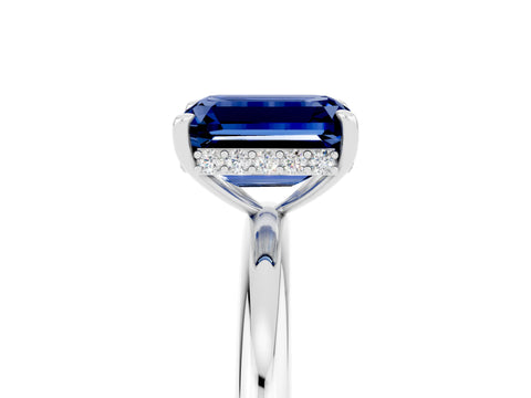 White gold Emerald Cut Blue Sapphire Solitaire Ring with Thin Band and Four-Prong Setting_17