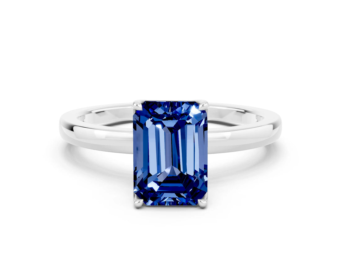 White gold Emerald Cut Blue Sapphire Solitaire Ring with Thin Band and Prong Setting_12