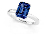 White gold Emerald Cut Blue Sapphire Solitaire Ring with Thin Band and Prong Setting_13